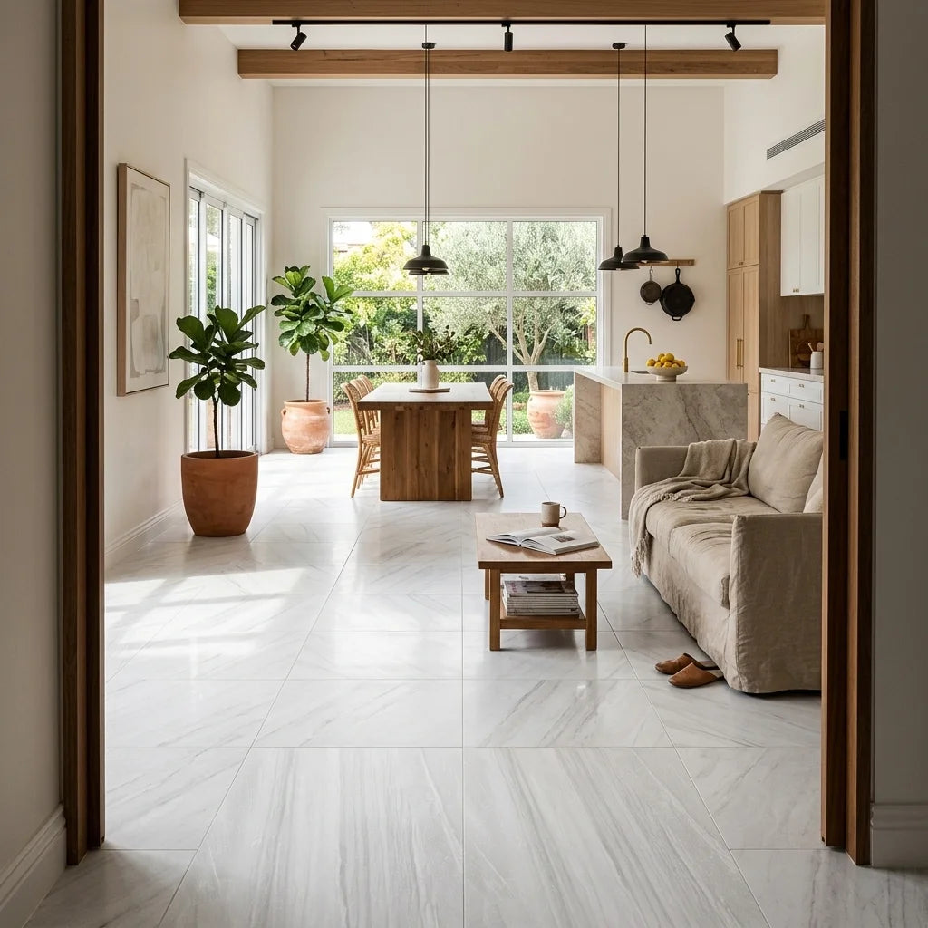 WHITE STRIPE MARBLE 600X600 POLISHED — open-plan living + dining + kitchen